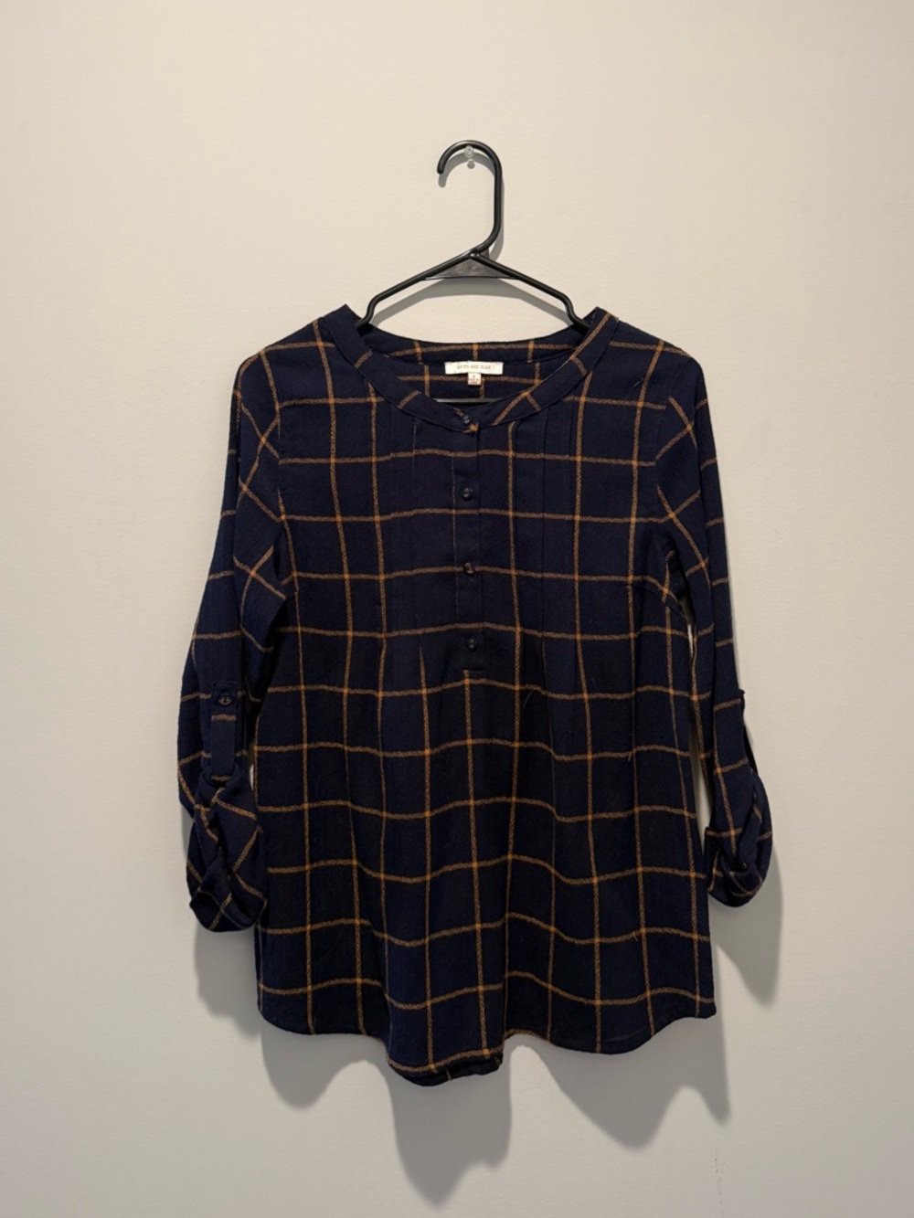 Skies Are Blue Navy Plaid Henley Tunic with Tan Grid